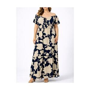 Navy Floral Maxi Dress XXL Plus Size Puff Sleeve Tiered Boho Flowy Resort Wear